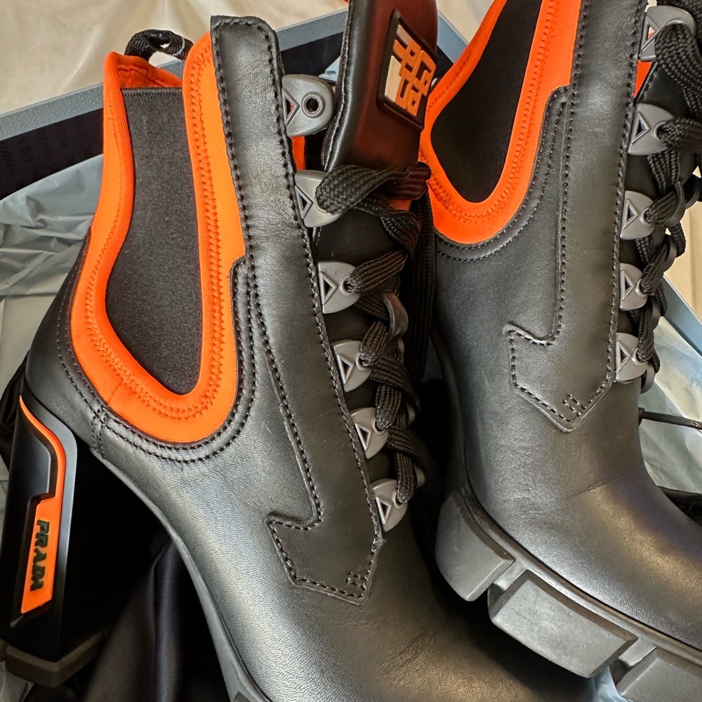 Prada Black/Orange Leather & Neoprene Lace Up Ankle Boots